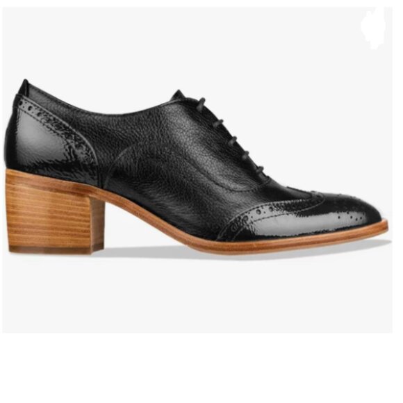 FOWT Black Perforated Lace-Up Oxfords Almond Toe Mid Chunky Heel Brogues Shoes - Picture 1 of 8